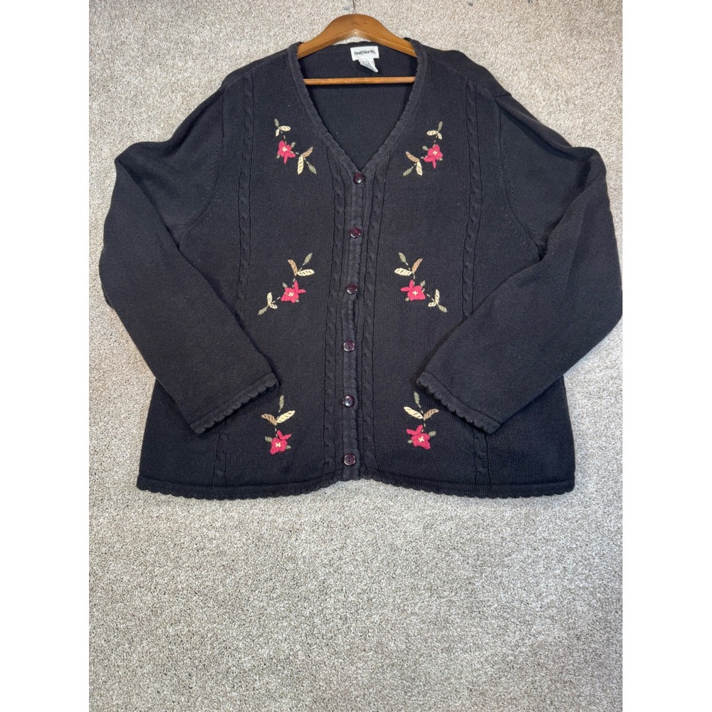 BonWorth Womens XL Black Embroidered Floral Cable Knit Cardigan Sweater 22213